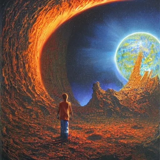 Image similar to an epic 8 k resolution painting of a black boy exploring the temple of the alien gods at the end of the universe, by bob eggleton