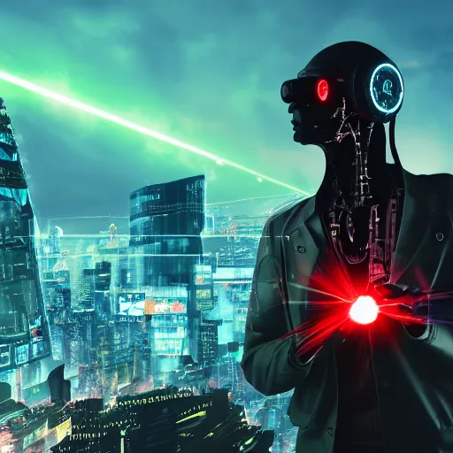 Image similar to cyberpunk man that is half a robot in half a human flesh his left eye is a red glowy eyes it's made of metal the man is holding a laser gun standing on a mountain the background is is a cyberpunk city the weather is raining