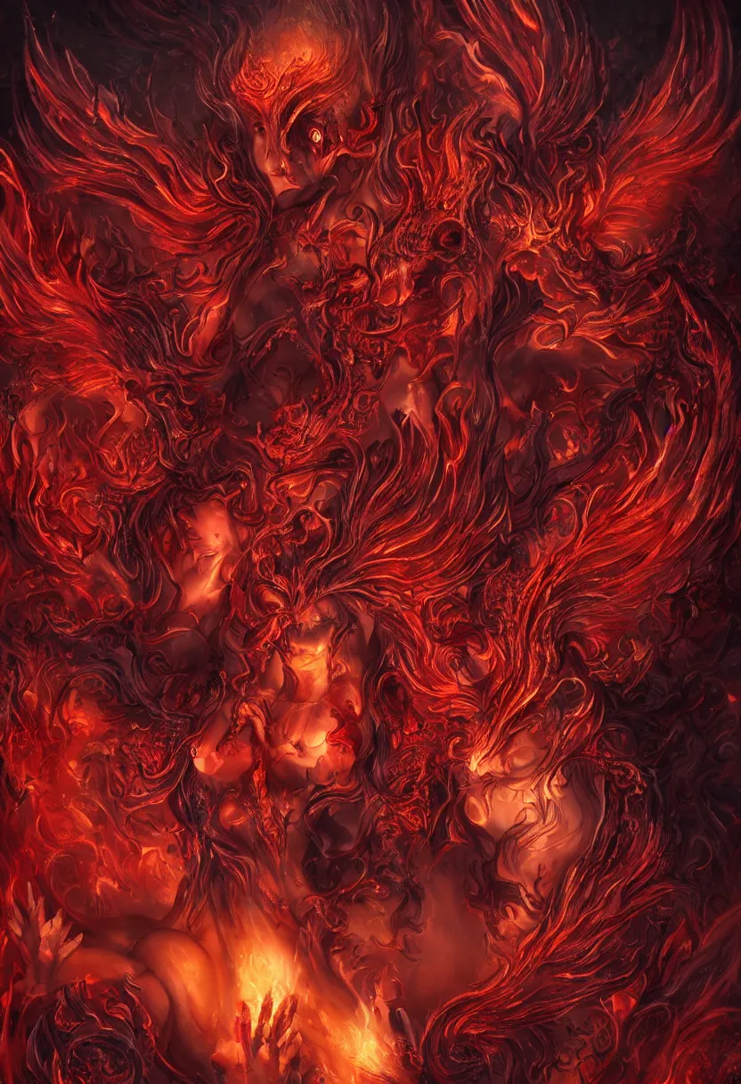 Image similar to stunning female demons surrounded in fire, korean, buddhist, Naraka otherworldly rising from the fire, crystal amber eyes , wings, very detailed face, smile, monster teeth covered in red, dark and mysterious, full body, rococo, cinematic, epic ,4K very detailed, full body, Sun God, death God, hell