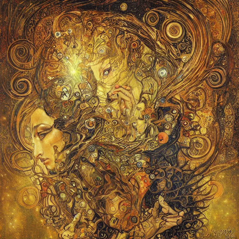 Image similar to Divine Chaos Engine by Karol Bak, Jean Deville, Gustav Klimt, and Vincent Van Gogh, celestial, visionary, sacred fractal structures, ornate gilded medieval icon, spirals