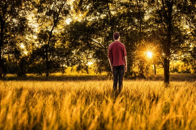 Prompt: Man stands on a meadow, 8k Photography, Golden hour