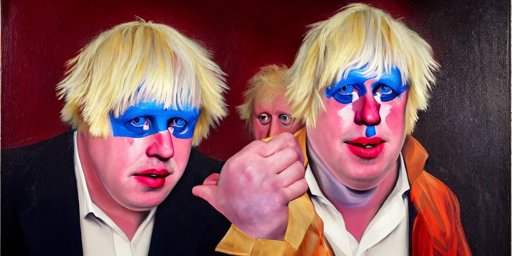 Prompt: boris johnson in drag in a nightclub, abstract oil painting by gottfried helnwein pablo amaringo raqib shaw zeiss lens sharp focus high contrast chiaroscuro gold complex intricate bejeweled