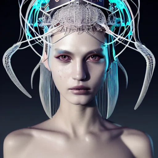 Image similar to closeup portrait of an absurdly beautiful, graceful, sophisticated, fashionable cyberpunk mechanoid gravure idol, an ultrafine hyperdetailed illustration by irakli nadar, matt wisniewski style, fashion photography, intricate linework, porcelain skin, jellyfish headdress, unreal engine 5 highly rendered, global illumination, radiant light, detailed and intricate environment