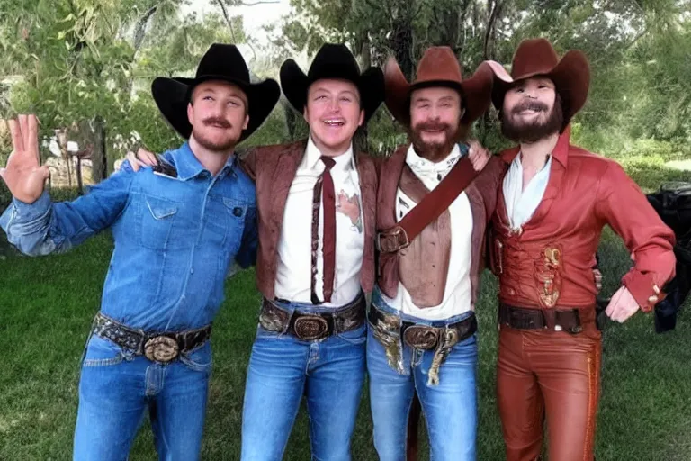 Image similar to david dressed as cowboy costume, group of 3 friends, elon musk, pewdiepie, mrbeast!!!