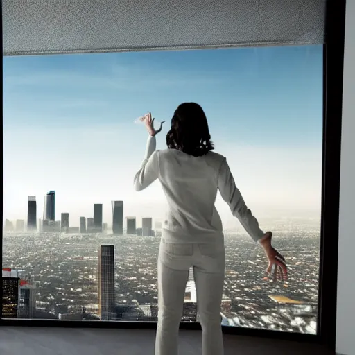 Image similar to a woman looking out her panoramic window at a futuristic cyberpunk los angeles. flying cars and vehicles