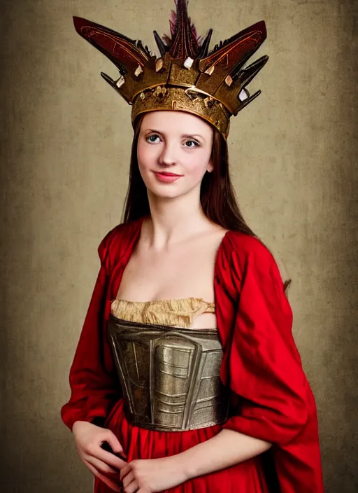 Image similar to portrait of young woman in medieval dress and medieval headdress, style by the fifth element