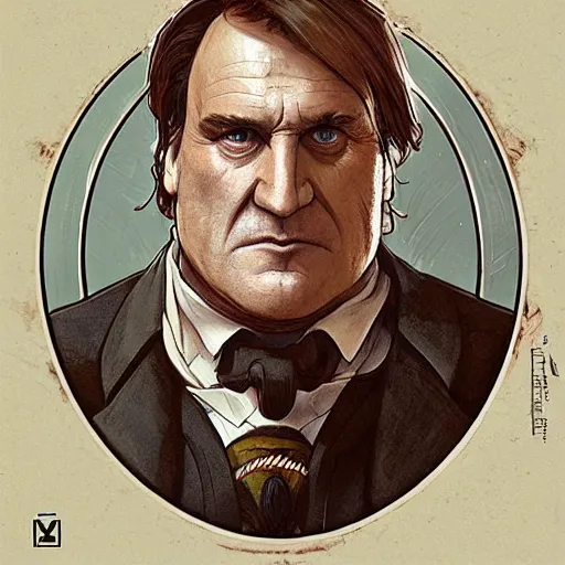 Image similar to [robot Depardieu as president of France! as GTA character, mystic hermit, closeup, D&D, intricate, elegant, highly detailed, digital painting, artstation, concept art, matte, sharp focus, illustration, art by Artgerm and Greg Rutkowski and Alphonse Mucha]