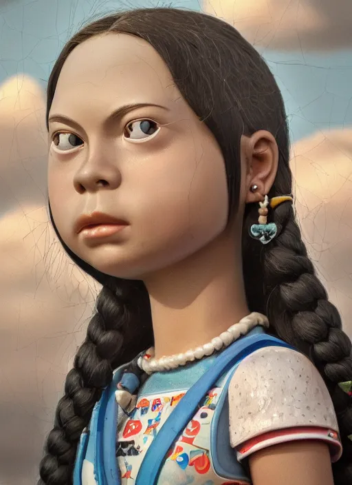 Image similar to closeup profile portrait of tin toy greta thunberg bikini mini - skirt, depth of field, zeiss lens, detailed, symmetrical, centered, fashion photoshoot, by nicoletta ceccoli, mark ryden, lostfish, breathtaking, 8 k resolution, extremely detailed, beautiful, establishing shot, artistic, hyperrealistic, octane render