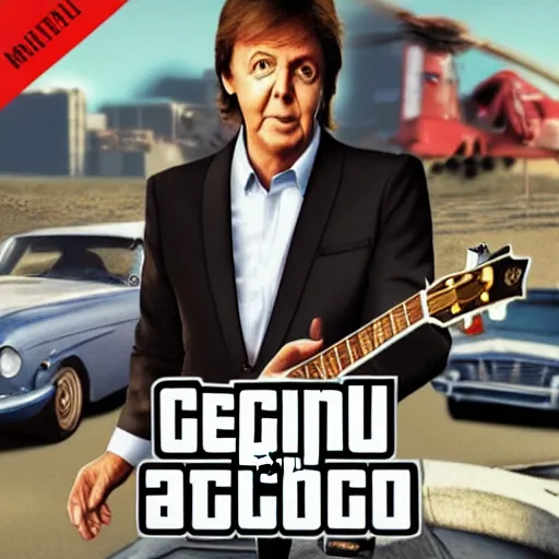 Image similar to Paul McCartney on a gta cover of the game, hyper realistic, HD, HQ, photo realistic