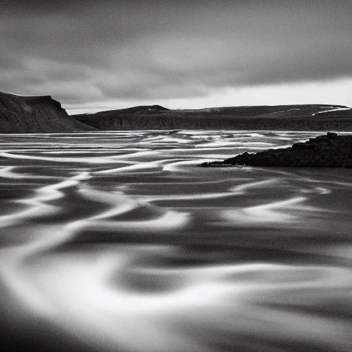 Image similar to minimalist black and white photograph, of an icelandic canyon, time exposure, of a river, in the style of denis villeneuve