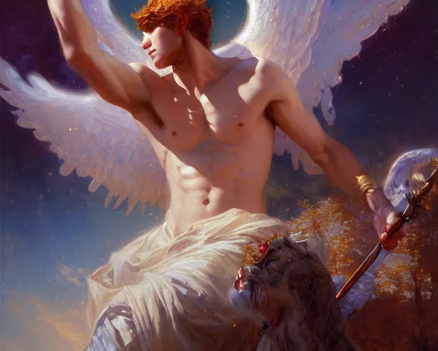 Image similar to attractive angel male deity, casting magic, summoning handsome lucifer morning star. highly detailed painting by gaston bussiere, craig mullins, j. c. leyendecker 8 k