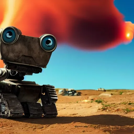 Prompt: wall-e witnessing a nuclear explosion in the distance