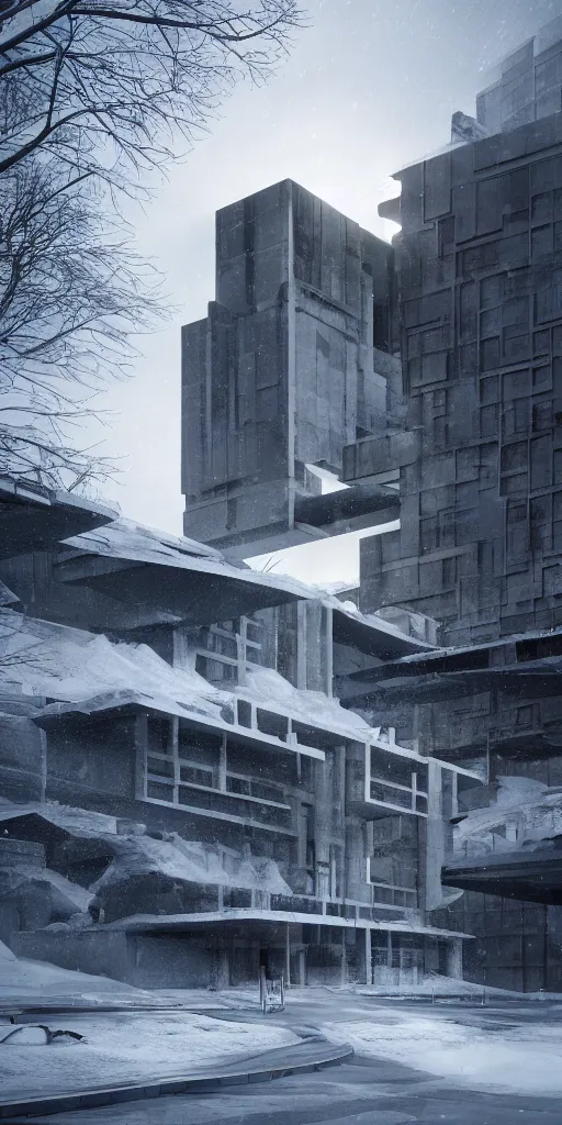 Prompt: brutalist architecture, hyperrealistic rendering, 4 k, tyndall effect, snow day ， by zaoeyo