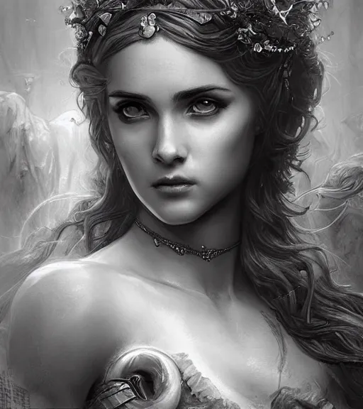 Image similar to beautiful young aphrodite goddess, archer, realistic face, beautiful eyes, black and white drawing, in the style of greg rutkowski, fantasy, amazing detail, epic, intricate, elegant, smooth, sharp focus