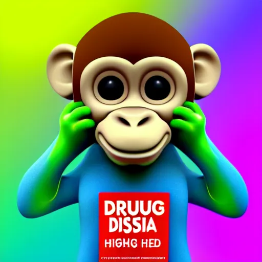 Image similar to a drug psa with monkey who high with marijuana, pop art, digiral art, highly rendered, octane rendered, 2 d style, colorful, colorama