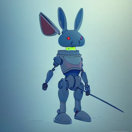 Prompt: a rabbit robot warrior, artstation, by hayao myazaki, concept art, digital art, light blue, 2 - dimensional, 2 d