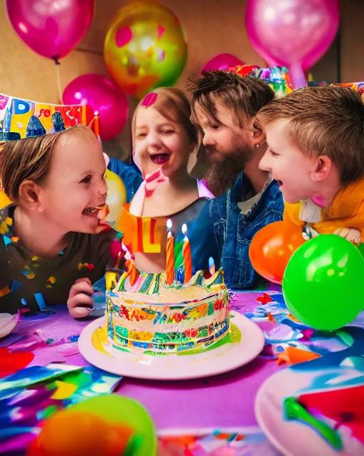 Prompt: pals have a birthday party, hyper realism, cinematic shot, fine details, 8 k, depth of field, professional photo, photorealistic, intricate complexity, extremely detailed, very sharp, award winning photo,