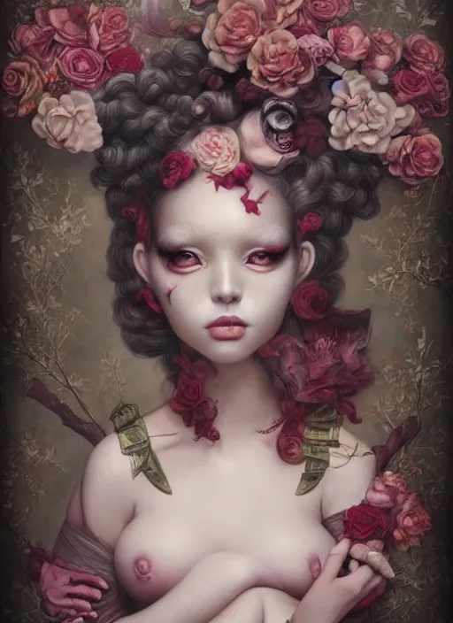Image similar to pop surrealism, lowbrow art, realistic seductive cute woman painting, body harness, japanese shibari with flowers, hyper realism, muted colours, rococo, natalie shau, loreta lux, tom bagshaw, mark ryden, trevor brown style,