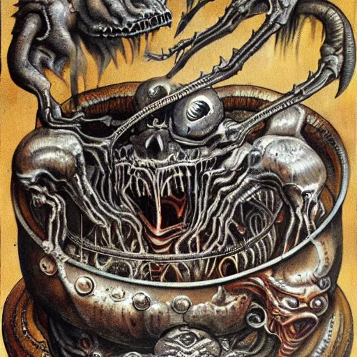 Image similar to monsters consumed transformed transmutation in a fiery alchemical cauldron painted by giger