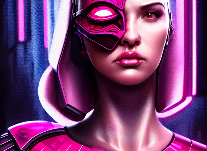 Prompt: portrait shot of a female pink vader with full lips in cyberpunk 2 0 7 7, intricate, elegant, highly detailed, centered, digital painting, artstation, concept art, smooth, sharp focus, illustration, artgerm, tomasz alen kopera, peter mohrbacher, donato giancola, joseph christian leyendecker, wlop, boris vallejo