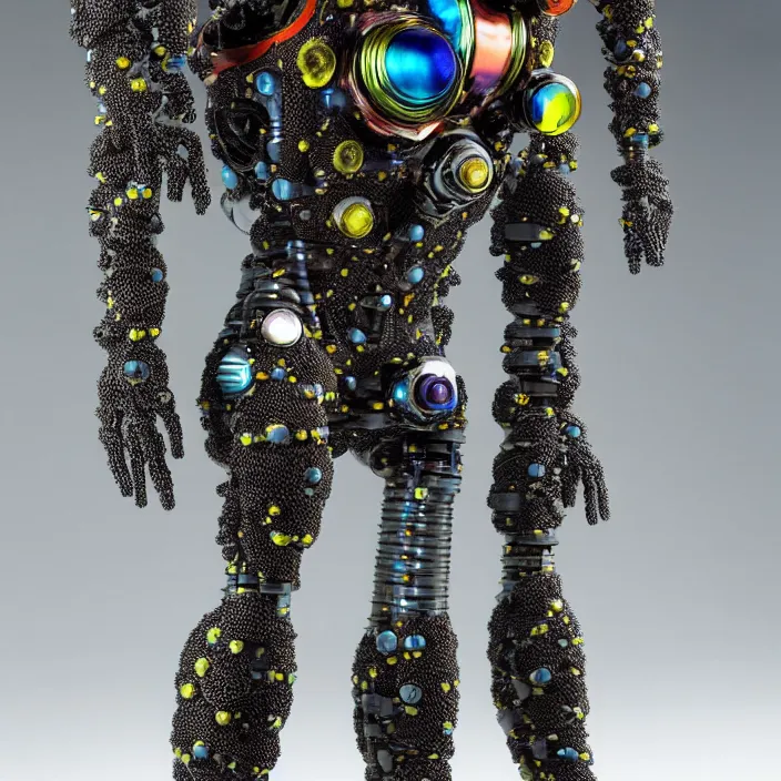 Image similar to a cybernetic symbiosis of a single astronaut mech-organic eva suit made of pearlescent wearing anodized thread knitted shiny ceramic multi colored yarn thread infected with kevlar,ferrofluid drips,carbon fiber,ceramic cracks,gaseous blob materials and diamond 3d fractal lace iridescent bubble 3d skin dotted covered with orb stalks of insectoid compound eye camera lenses orbs floats through the living room, film still from the movie directed by Denis Villeneuve with art direction by Salvador Dalí, wide lens,