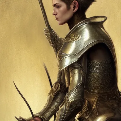 Prompt: pencil design of an elf profile view with armor in golden and silver colors and a curve long sword, full body, epic masterpiece of cinematographic hyperrealism, realistic shaded lighting poster by craig mallismo, artgerm, jeremy lipkin and michael garmash, unreal engine, radiant light, detailed and intricate environment, digital art, art station trends
