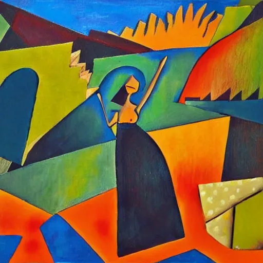 Prompt: she danced by the river with the mountains as backdrop and she was exalted , abstract art in the style of cubism and georges braque ,