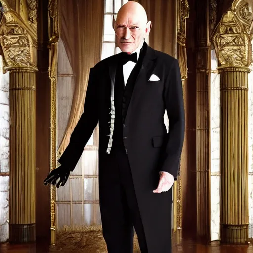 Image similar to older fantasy butler that looks similar to michael kane mixed with patrick stewart, full body portrait, mid - shot, handsome, 4 k, detailed, photo realistic, balding, well dressed, pet rat on shoulder