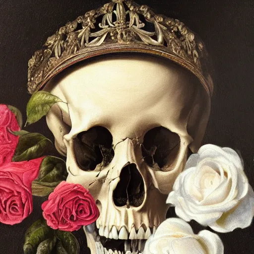 Prompt: a detailed baroque still life oil painting of a human skull with white roses coming out of the eye sockets and dark black lace curtains behind