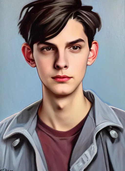 Prompt: oil painting, teenage jughead jones, wears a light grey crown, wearing a light grey crown, crown has a red circle button and a white rectangle button on it, intricate, elegant, highly detailed, lighting, painting, artstation, smooth, illustration, art by greg rutowski and alphonse mucha