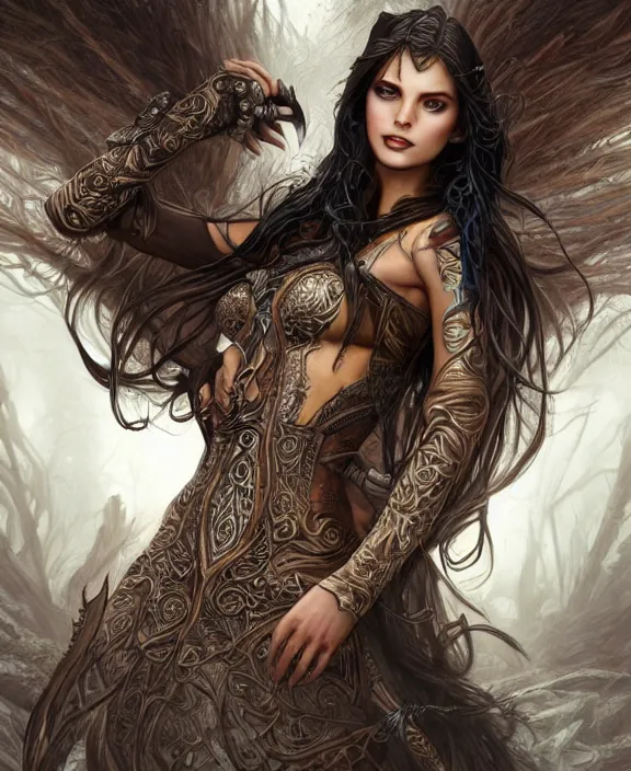 Prompt: a highly detailed symmetrical full body shot painting of a sorceress with piercing beautiful eyes, spring tundra setting, dynamic lighting, ambient lighting, deviantart, art by mark brooks and artgerm and karol bak