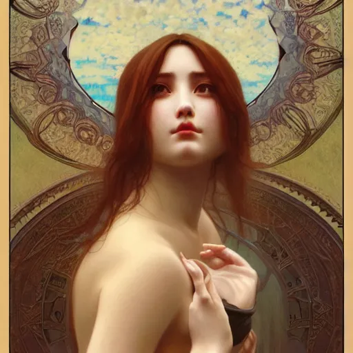 Image similar to lucid dreaming of a faceless girl bleeding into a mirror, intricate, art by artgerm and greg rutkowski and alphonse mucha and william - adolphe bouguereau, high detailed, 4 k,