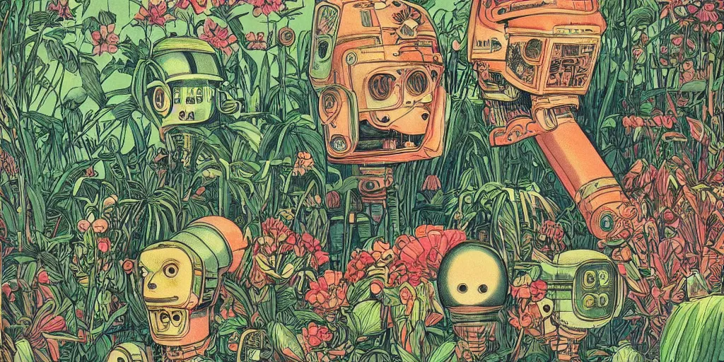 Image similar to vintage grainy scifi style, gigantic robot heads floating above the pool, tiny robots, a lot of exotic flowers and plants, risograph!!!, flat surreal design, super - detailed, a lot of tiny details, fullshot, by codex seraphinianus