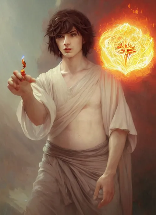 Image similar to character concept portrait of an attractive young focused Spanish wizard with pale orange skin conjuring an burning spell, a floating iridescent spell book in the center, intricate, elegant, digital painting, concept art, smooth, sharp focus, illustration, from Metal Gear, by Ruan Jia and Mandy Jurgens and William-Adolphe Bouguereau, Artgerm