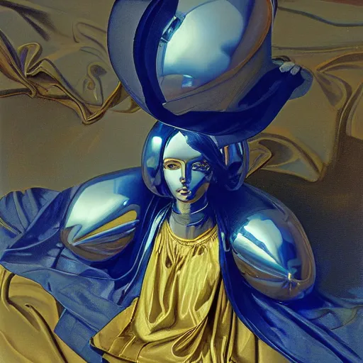 Prompt: a chrome woman's face in flowing sheets of cobalt blue gold chrome silver satin, by moebius syd mead roger dean donato giancola michael whelan yoshitaka amano ivan aivazovsky jan de heem pieter claesz paul delaroche alma tadema aelbert cuyp willem claesz isaac levitan, hyperrealistic volumetric light render