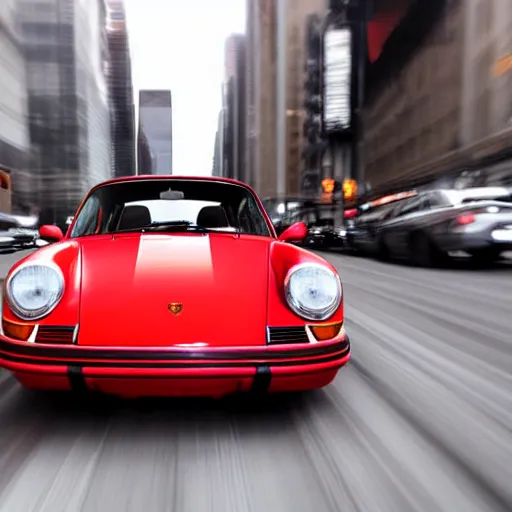 Prompt: photo of a red porsche 9 1 1 9 6 4 carrera 2 speeding through nyc, cinematic, motion blur