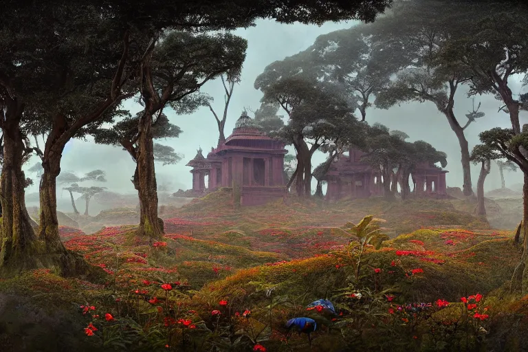 Prompt: photography of a beautiful archipelago of never seen before stunning ancient indian temple and palaces. complex intricate pilars patern, runes. trees water and flowers. afternoon light inspiring science fiction, intricate, elegant, uplifting, inspirational, highly detailed by beksinski and simon stalenhag