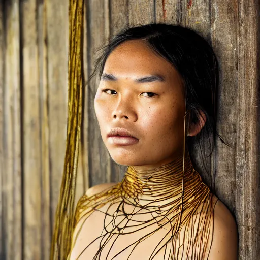 Image similar to A perfect pacific islander female goddess stands for a waist up portrait with her body sightly wrapped in thin gold wire creatively arranged so as to look like Borneo tattoos, in an abandoned barn, hyper photo realistic 8K HD HDRI, photo by Annie Leibovitz.