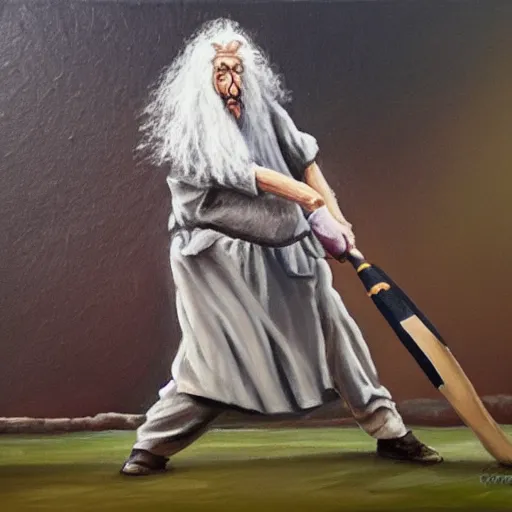 Prompt: Oil painting of Gandalf playing cricket