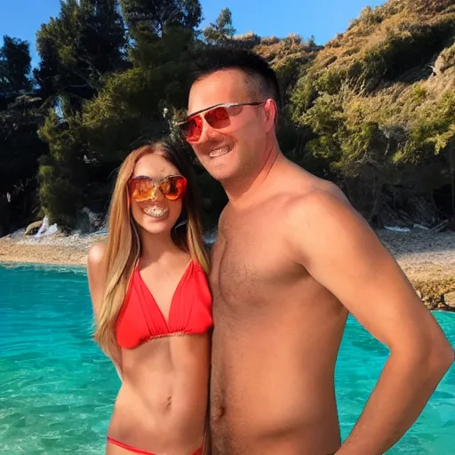 Image similar to photo of a 4 0 year old man that looks young for his age dating a very attractive 2 2 year old woman wearing a bikini. she is drinking a large bottle of water.