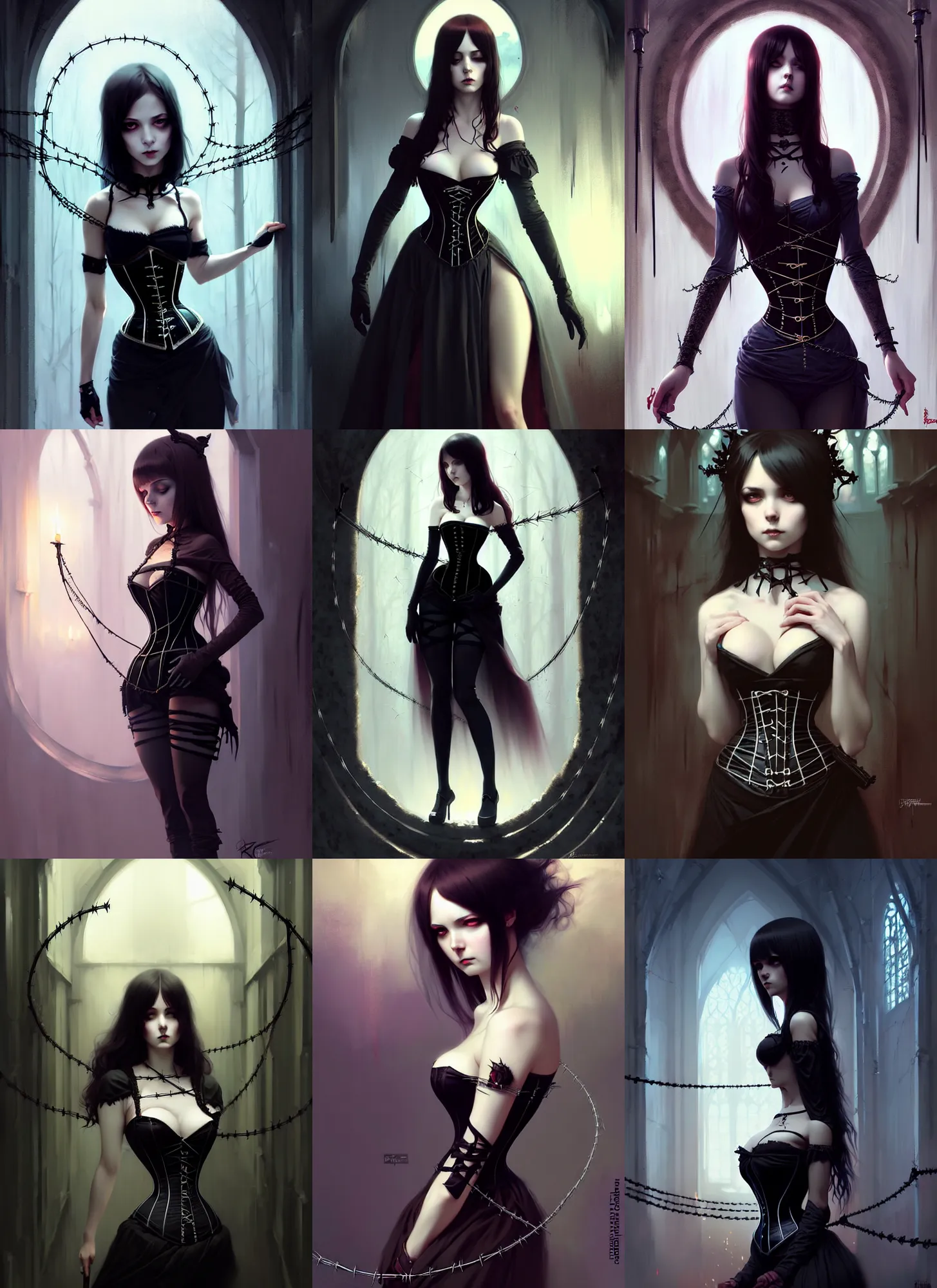 Prompt: an elegant beautiful gothic princess, wrapped by lots of barbed wire in a dungeon, very tight corset, full body, style of ilya kuvshinov greg rutkowski anna dittmann, masterpiece, very high quality, dark, intricate, high resolution