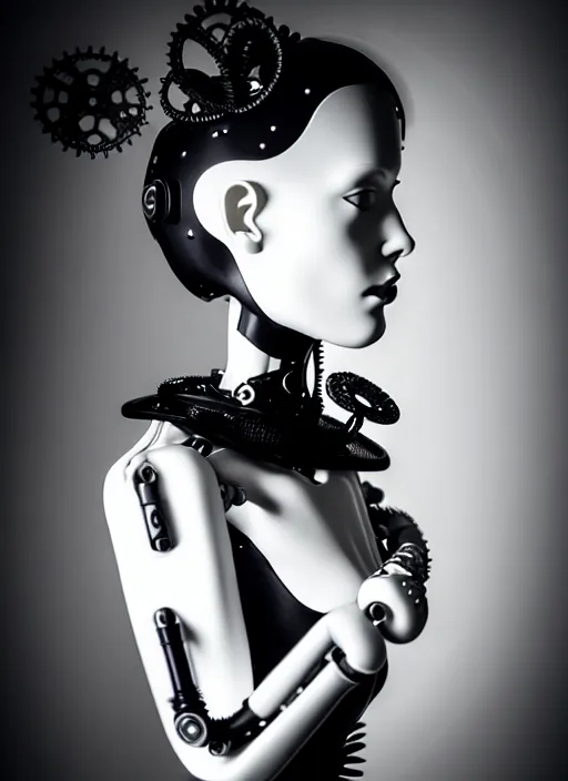 Image similar to black and white dreamy foggy gothic masterpiece profile face portrait, one steampunk eye biomechanical beautiful young female cyborg - robot, body ribs meshes, big monocular, volumetric light, hibiscus flowers, by hg giger, rim light, by dora maar, big gothic fashion pearl embroidered collar, 8 k