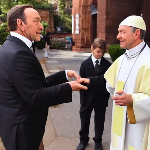 Image similar to kevin spacey dressed up as a catholic priest, giving out communion to people