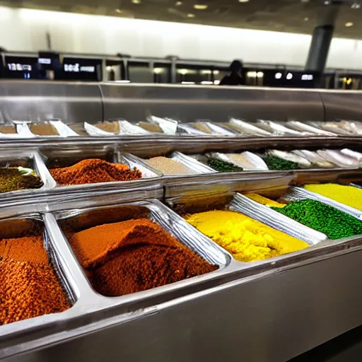 Image similar to airport customs arresting trays of spices!!, dramatic!!!, serious!, hyperdetailed, cinematic lighting, dystopian, satire