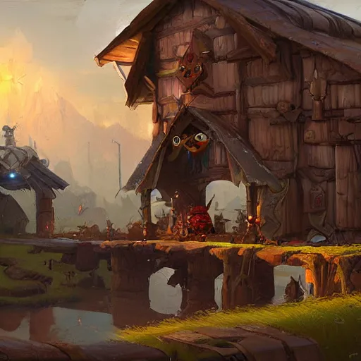 Image similar to The ciborg ostrich Barn from warcraft gnomes, artwork by Sergey Kolesov