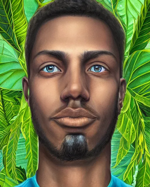 Image similar to a realistic and hyper detailed symmetrical portrait painting of a relaxed male face and green ganja leaves, his eyes are radiating blue energy, by procreate, featured on ArtStation