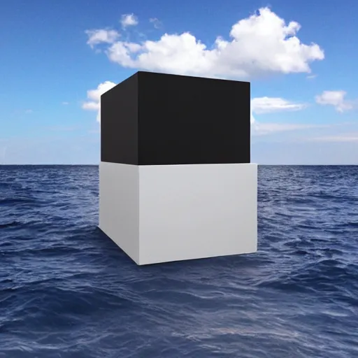 Image similar to a cube in the middle of the sea with images of a tumultuous sea on its sides. in the style of Richard Serra