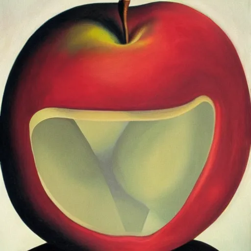 Image similar to a surrealistic painting of an apple surrounded by mirrors pointed at the apple