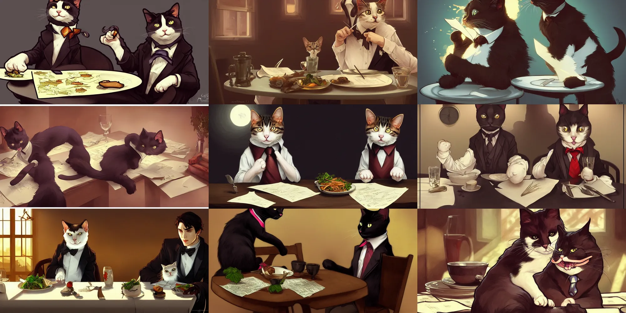 Prompt: cat wearing a tie eating dinner, character sheet, character design, contrast, deep focus, turnaround, highly detailed, dramatic lighting, digital painting, artstation, concept art, matte, sharp focus, illustration, elegant, art by artgerm and greg f and alphonse mucha.