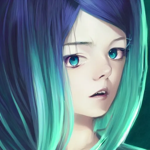 Prompt: portrait of anime pixie character with blue to green gradient hair, manga cover, highly detailed, digital painting, artstation, concept art, sharp focus, illustration, strong brush stroke, anime, art by greg rutkowski, ilya kuvshinov, sharp focus, ghibli studio, art by ilya kuvshinov, rossdraws